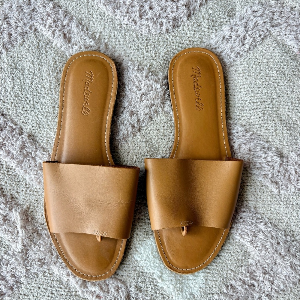 Madewell Cognac Leather Wide-Band Slide Sandals